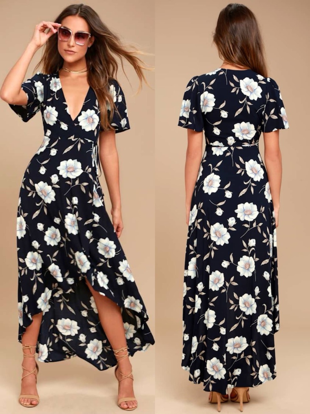 Lulus | Lake Como Navy Blue Floral Print High-Low Wrap Dress